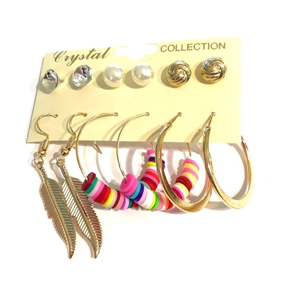 Earrings Set 6 Pair Gold Tone Studs Hoops Leaf - Picture 1 of 2
